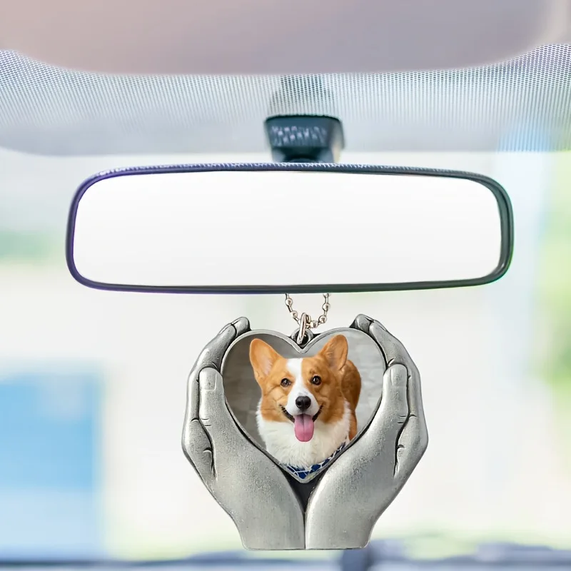 Custom Heart Hand Hold Car Pendant Stainless Steel Thermal Transfer Photo Couple Hanging Ornament Auto Decor Accessories