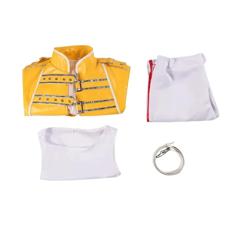 Anime Queen Lead Vocals Freddie Mercury Cosplay Costume Yellow Leather Jacket Coat Unisex Halloween Carnival Outfits