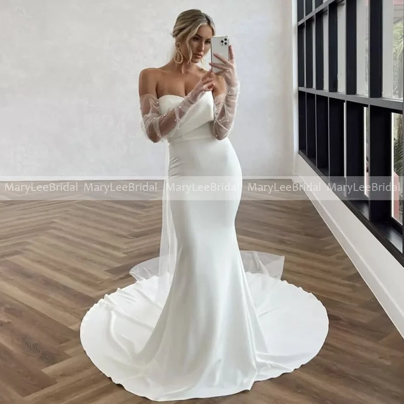 

Simplicity Ivory Mermaid Wedding Dress with Tulle Ribbon Strapless Long Crepe Sweep Train Bride Wedding Gowns robe de mariée