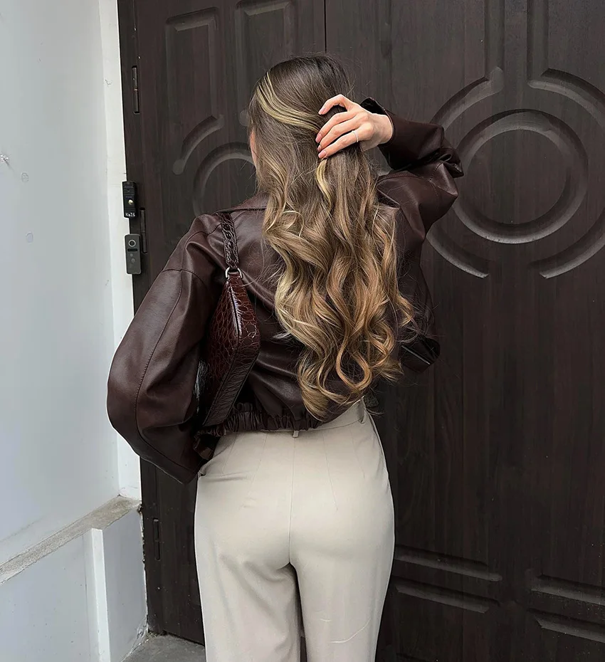 Vintage Brown Faux Leather Jacket Women Elegant Oversized Biker Coats Chic Loose Short Bomber Jacket Streetwear Outfits 2026