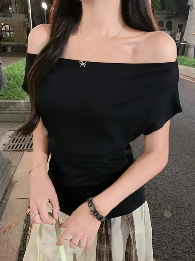 2026 Summer Tops Stylish Casual Irregular Waist Cinched Tees Korean Style Asymmetric Shoulder Short Sleeve Women T-Shirt
