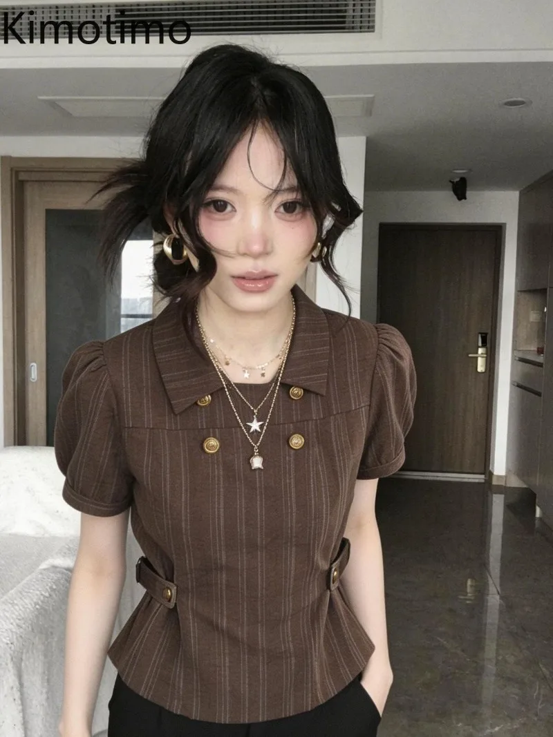 Kimotimo Vintage Striped Short Sleeve Shirt Women Summer Double Breasted Slim Waist Crop Top Elegant Fashion Versatile Blouse