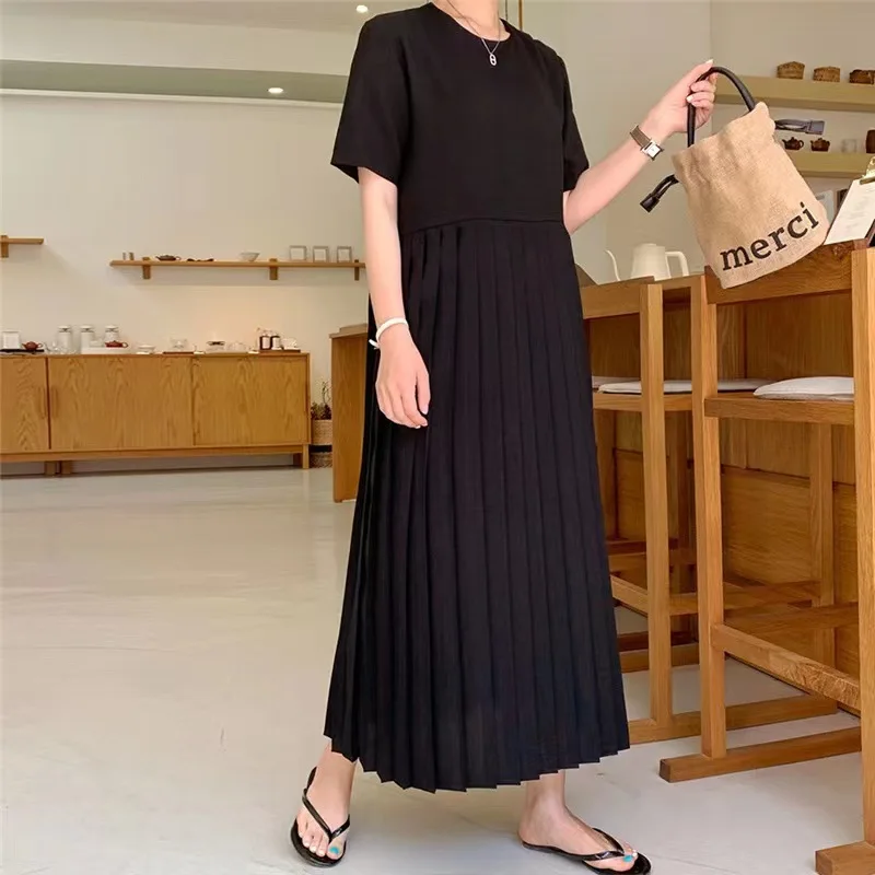 2024 Summer Korea New Woman Dress Vestidos Robe Elbise Korean Loose Plus Size Patchwork Chiffon Hem Short Sleeve Long Dresses