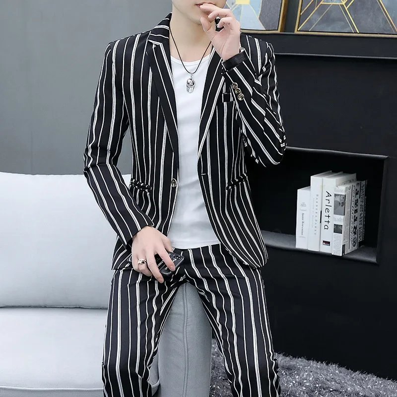 Suit Men (blazer+trousers) Fashion Business Casual Striped Harbour Style Slim-fit Gentleman Wedding Work Wedding Suits for Men