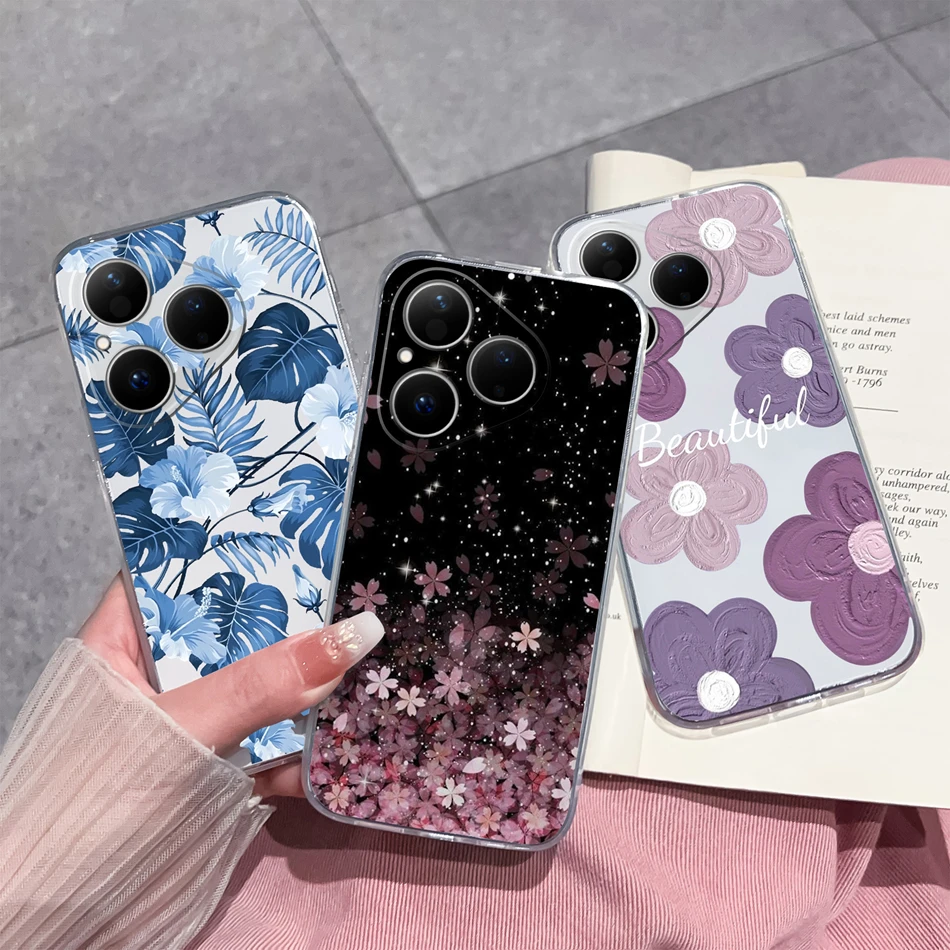 Para Huawei Pura 80 Pro Plus Ultra Funda de teléfono flores simples suave TPU Funda transparente de silicona para Huawei Pura80 Pro + Ultra Funda