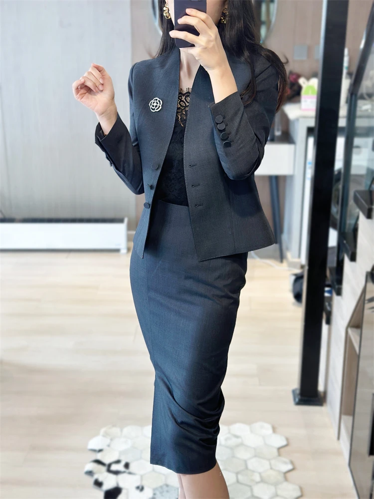 

Профессиональный деловой костюм-двойка: шикарный, приталенный, с юбкой, осенний, модный, женская рабочая одежда из полиэстера, с длинным рукавом