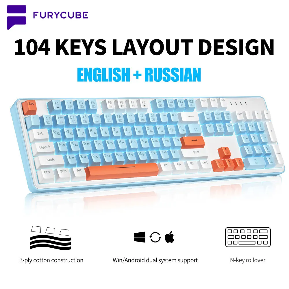 

FURYCUBE 104 Keys Russian English Mechanical Keyboard ZT104 Wired Silent Switch Keyboard Hot Swap Type-C USB For Gamer PC Laptop