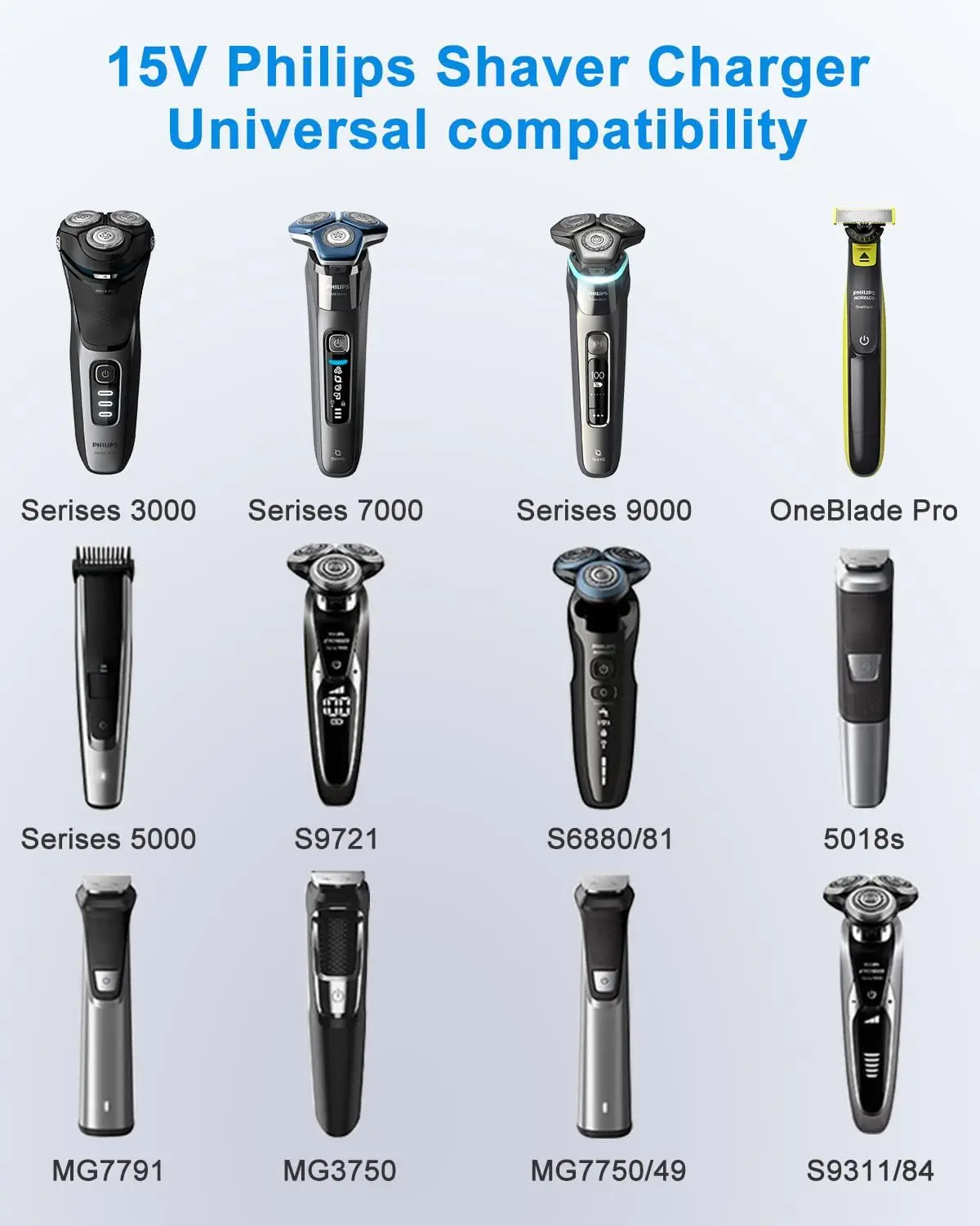 15V for Philips Shaver Charger HQ8505 Cable for Philips Norelco Series 3000, 5000, 7000, 9000, One Blade QP6651 BT5502 BT9810
