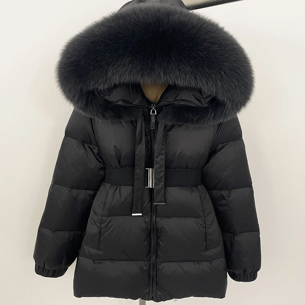 Winter Short Puffer Parka Women 90% Duck Down Hooded Waterproof Coat, Oversized Real Raccoon Fur for Everyday Cold Season Wear