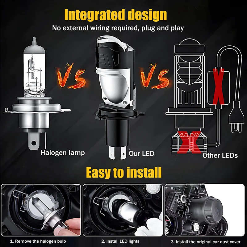 

1 шт. Мощная светодиодная лампа H4 с линзой-проектором, прямое подключение, дальний/ближний свет, для автомобиля/мотоцикла, с турбовентилятором, суперяркая, водонепроницаемая, 1 шт.