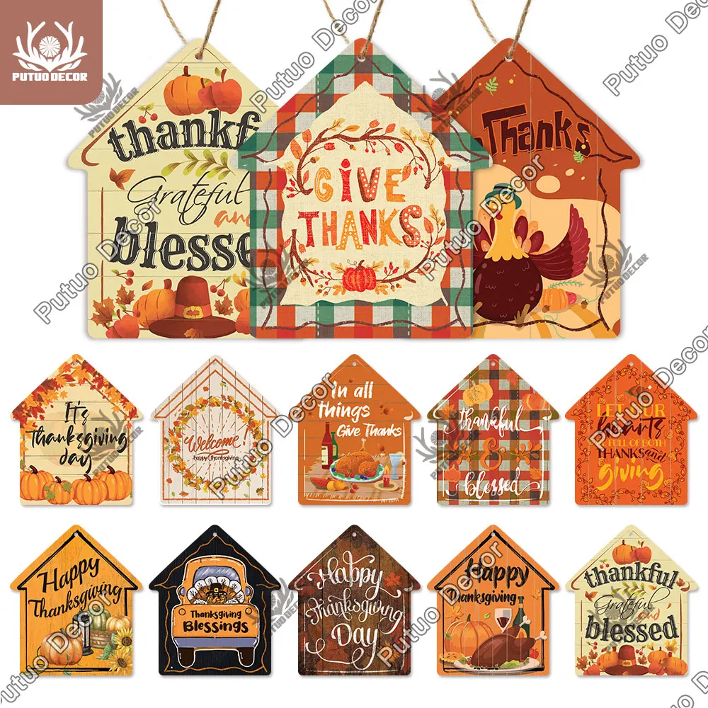 Putuo Decor-Thanksgiving Small House Wood Sign, Pumpkin Hanging Plaque, Turkey Plate for Home Wall Decoration, Living Room