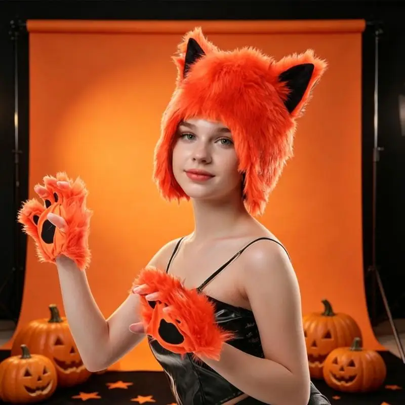 39BD Animal Costume Hat and Gloves Set with Ears and Black Pad Accents for Halloween