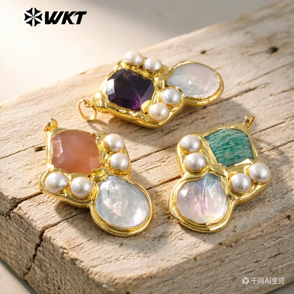 WT-JP423 Gorgeous Back Full Plated With 18K Gold Multi Colors Natural Stones And Pearls Pendants For Women Necklace Handmade