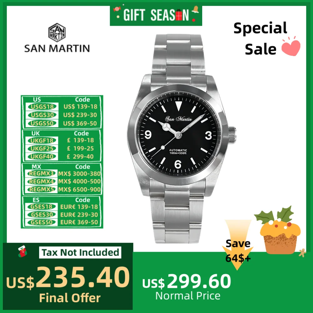 San Martin 2021 36mm Explore Series Vintage Men Sports Watches Luxury Sapphire Automatic Mechanical Watch 10Bar BGW-9 SN0021A-1