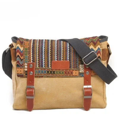 Ethnic Boho Crossbody Bag Vintage Canvas Messenger Tribal Patterns Leather Straps Women Shoulder Tote Retro Travel Daily Use