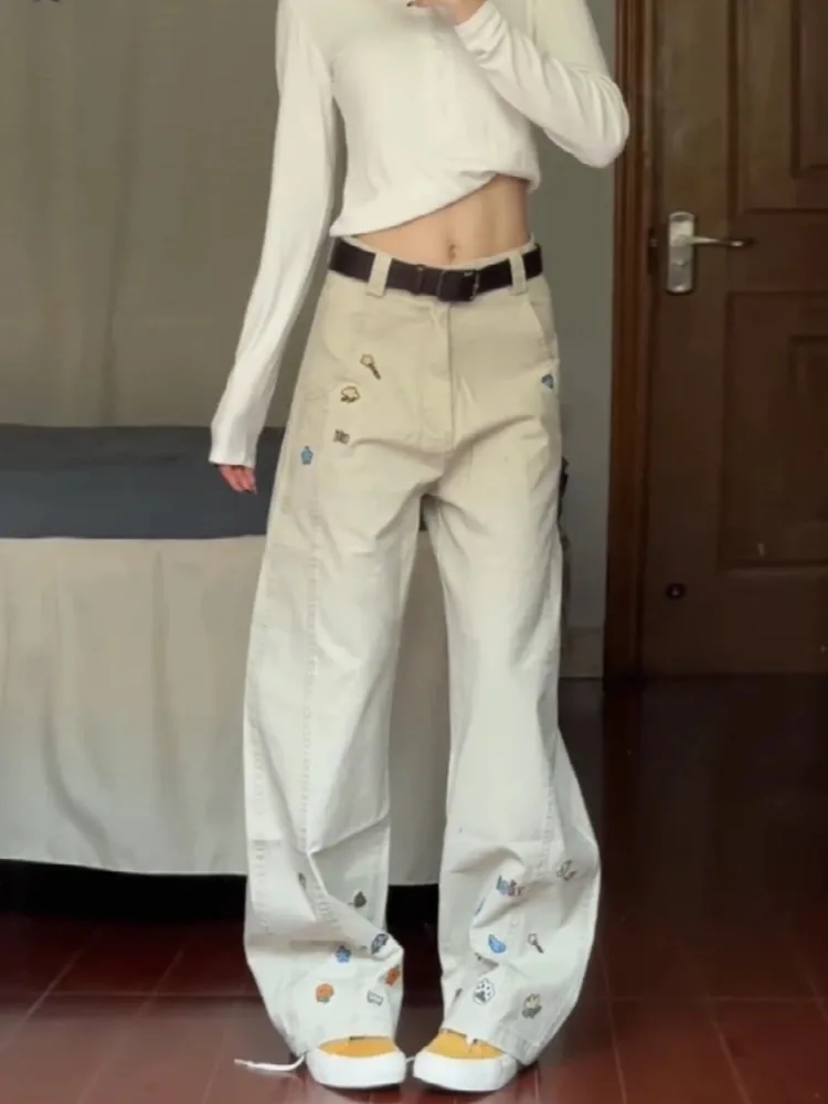 

Y2K Apricot Wide Leg Pants Women American High Street Cartoon Embroidery Design Loose High Waist Jeans Trendy