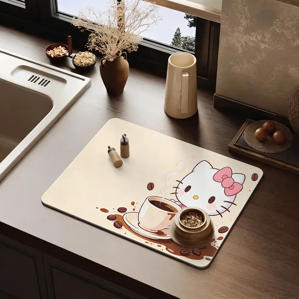 

Hello Kitty Beige Coffee Stain Cup Bean Cute Cartoon Dish Drying Mat Non-Slip Absorbent Washable Kitchen Counter Pad