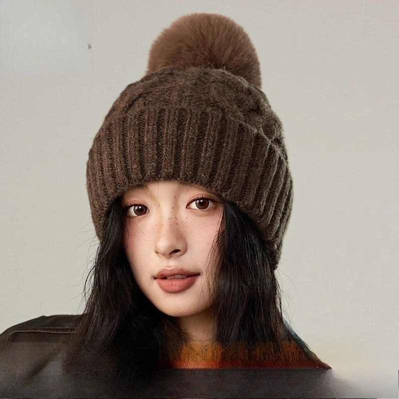 Winter Fashion New Retro Twist Hairball Knitted Hat Korean Girls Daily Outdoor Commuting Windproof and Warm Plush Wool Hat Tide