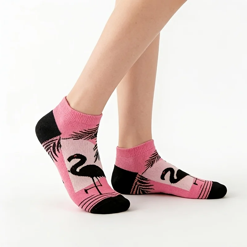 5-Pair Spring/Summer Women's Color Blocked Personalized Creative Fashion Flamingo Versatile Soft Comfortable Casual Socks