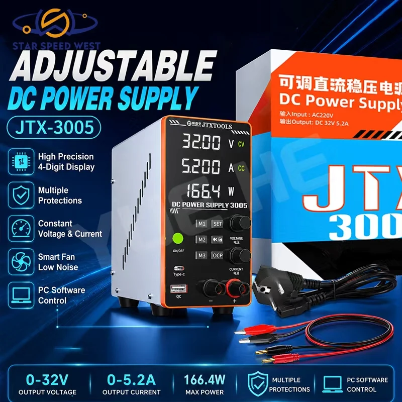 jtx-3005-adjustable-dc-power-supply-32v-5-2a-cc-cv-auto-switch-3-memory-presets-pc-software-support-over-temperature-protection
