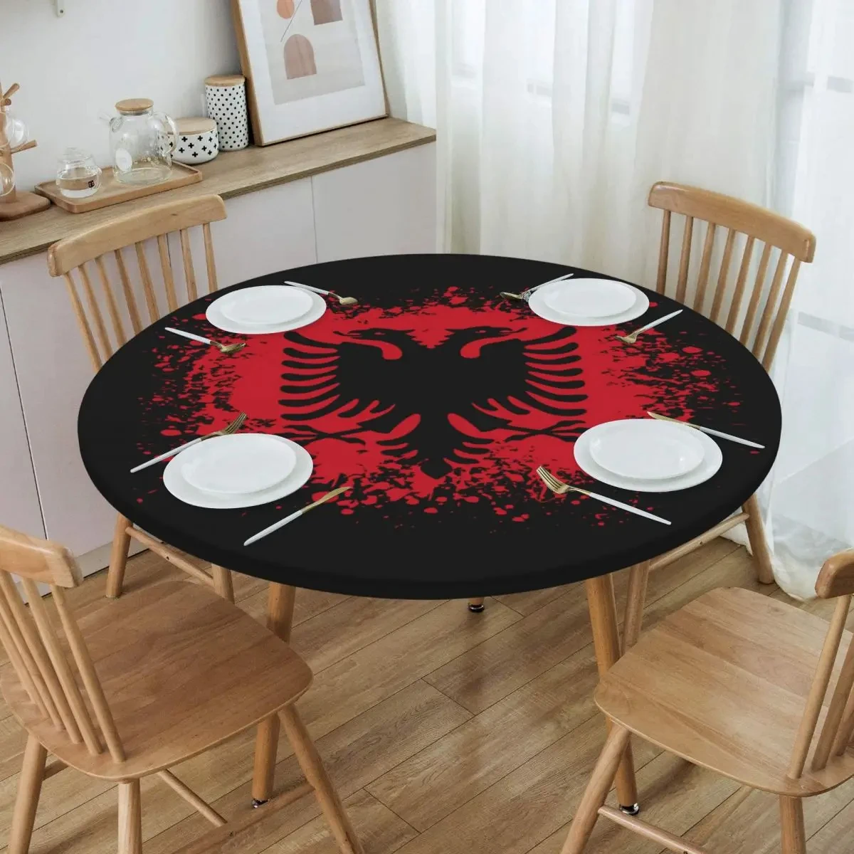 Retro Albania Flag Tablecloth Round Fitted Waterproof Albanian Eagle Table Cover for Round Table Party Picnic Indoor Outdoor