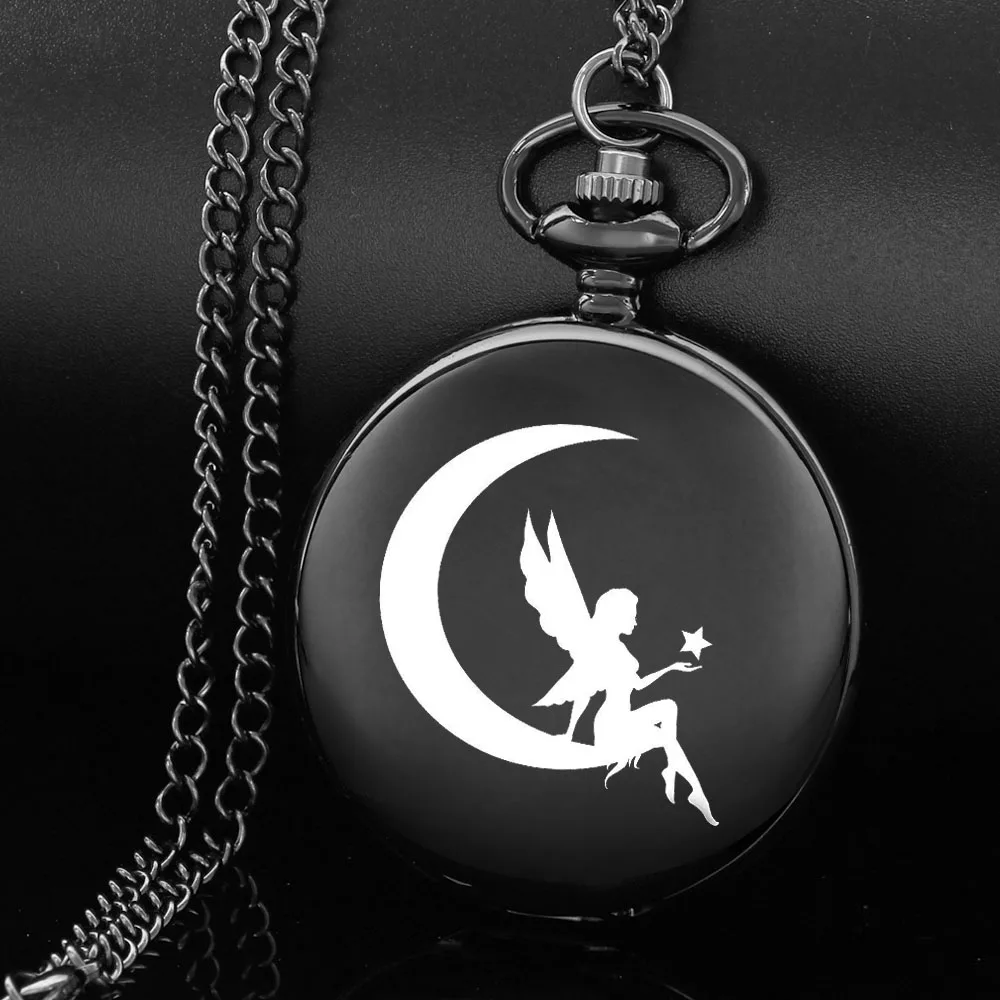 

The fairy on the moon design carving english alphabet face pocket watch a chain Black quartz watch perfect gift