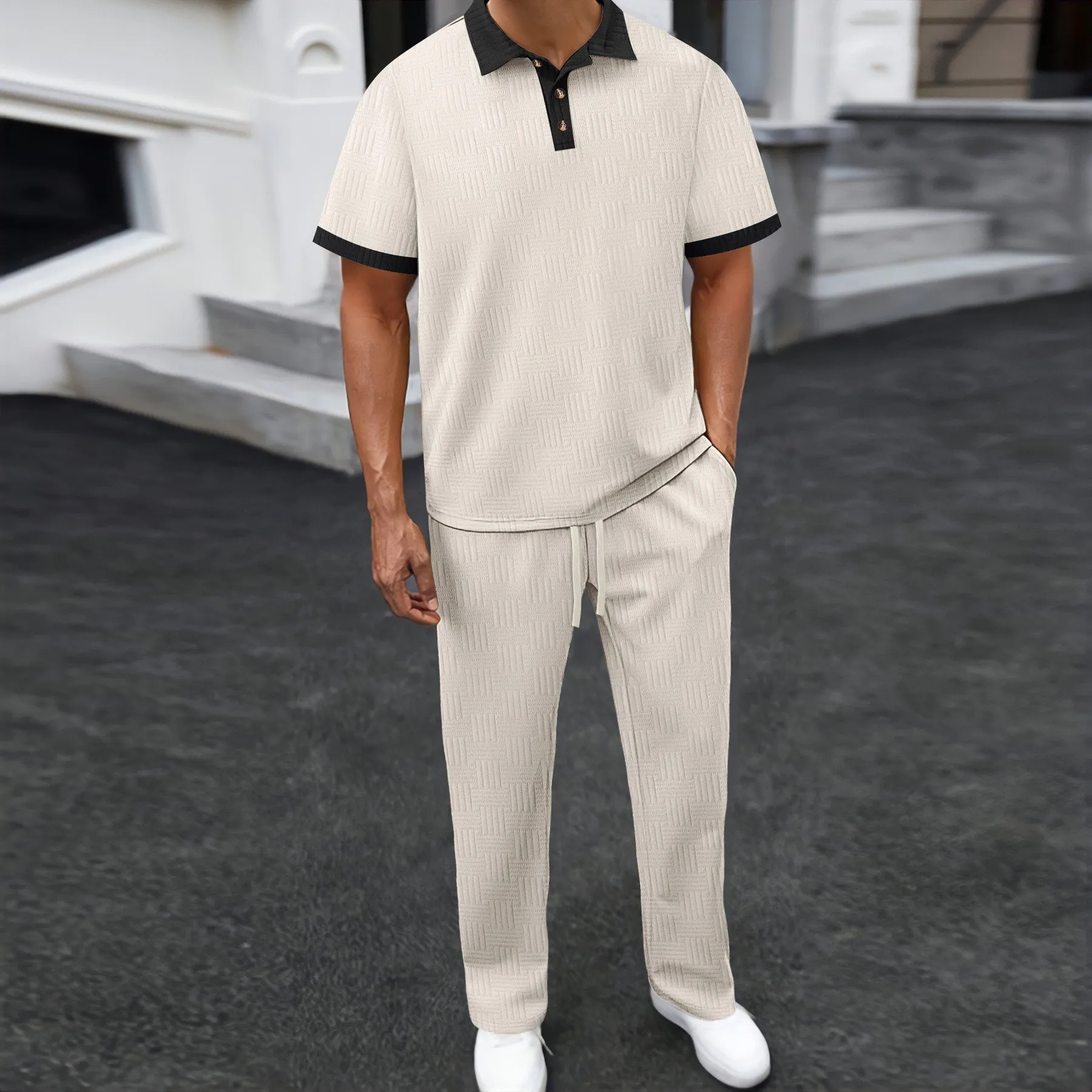 Men's 2 Piece Polo Shirt & Pants Set Textured Contrast Collar Casual Tracksuit for Daily Streetwear view 3