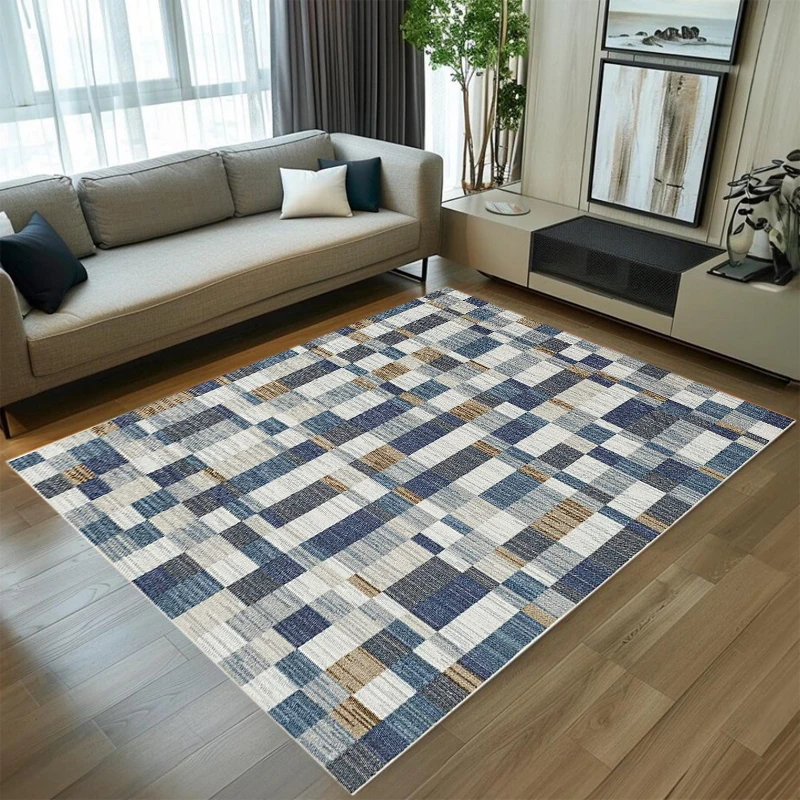 Abstract Geometric Area Carpet Floor Navy Blue Grid Striped Patchwork Pattern Mat, Suitable for Indoor Home Decoration