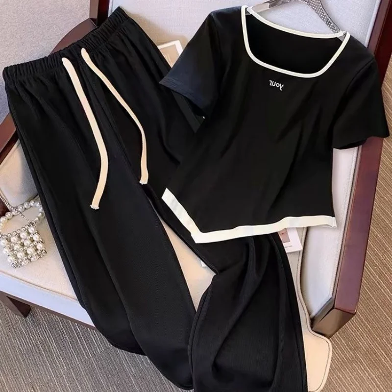 Large Size Summer Outfit 2024 New Irregular Square Neck Short Sleeved T-shirt Wide Leg Pants Slimming Two-piece Set for Women