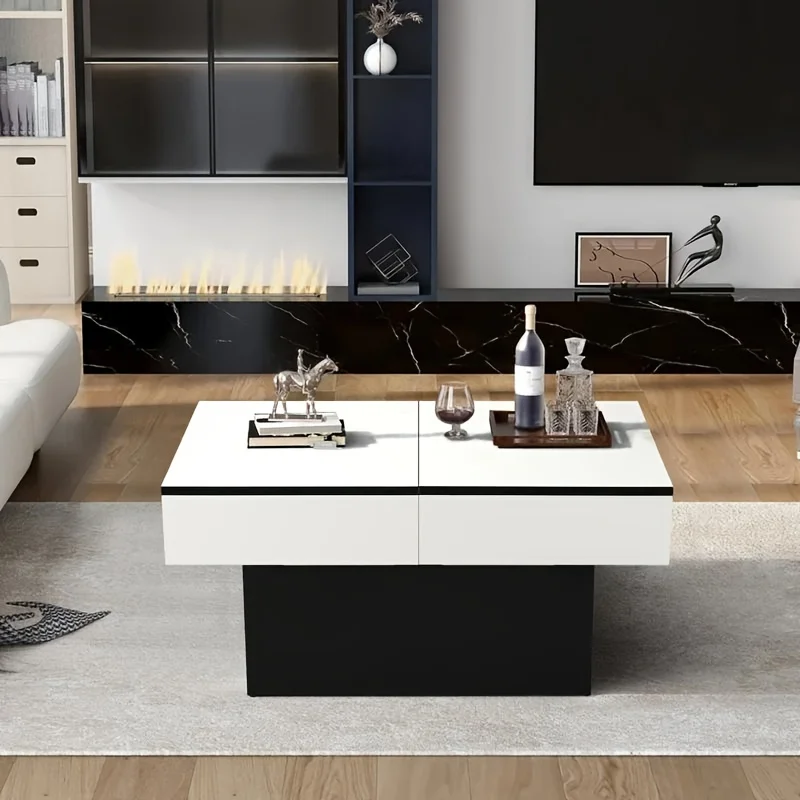 Modern Minimalist Center Coffee Table With Sliding Marble Countertop And Hidden Storage Space Living Room Furniture Decoration