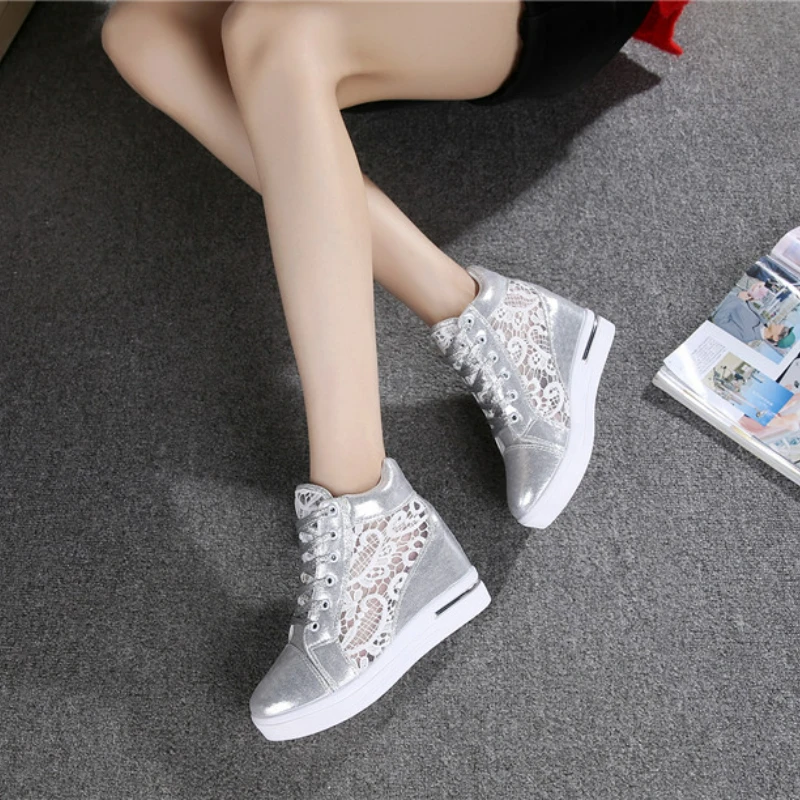 Summer Women Lace Casual Shoes Woman Breathable Mesh Sneakers Flats Lace  High Heels Platform Wedges Ladies