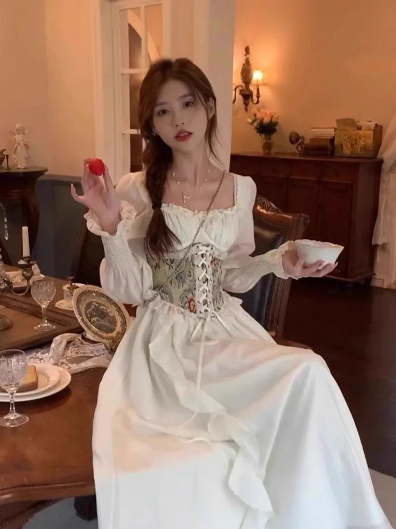 Miiiix French Princess Long Dress Women's 2024 Early Spring Palace Style Sweet Vintage Oil Painting Lace Waist Cover Dresses