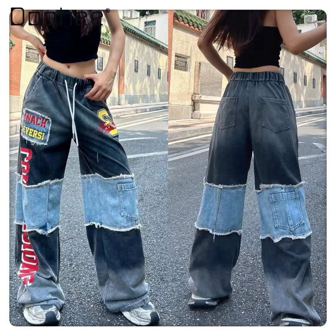 

European Fashion Casual Pants for Women 2026 Spring New Style Personalized Letter Print Color-changing Patchwork Denim Trousers