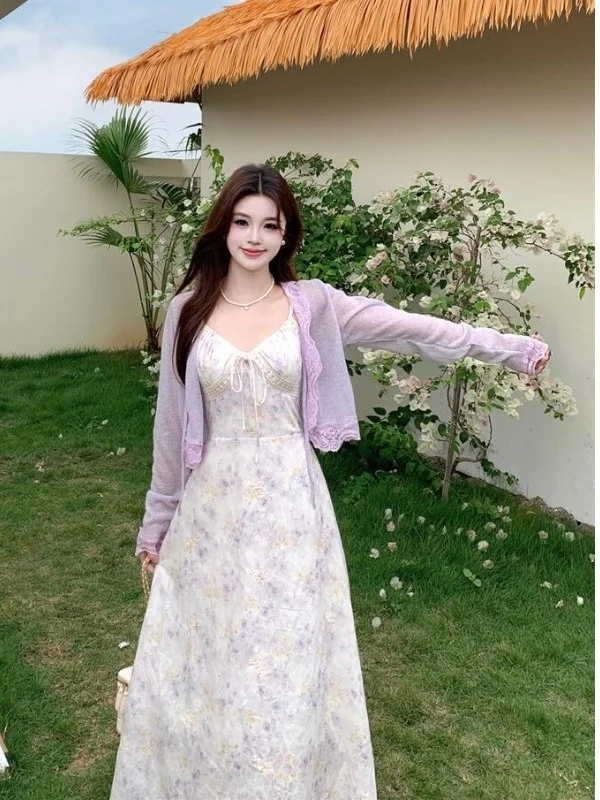 plus Size Floral Print Drawstring Halter Dress Women's Summer New Style Waist Cinching Holiday A-Line Long Dress - Detail 1