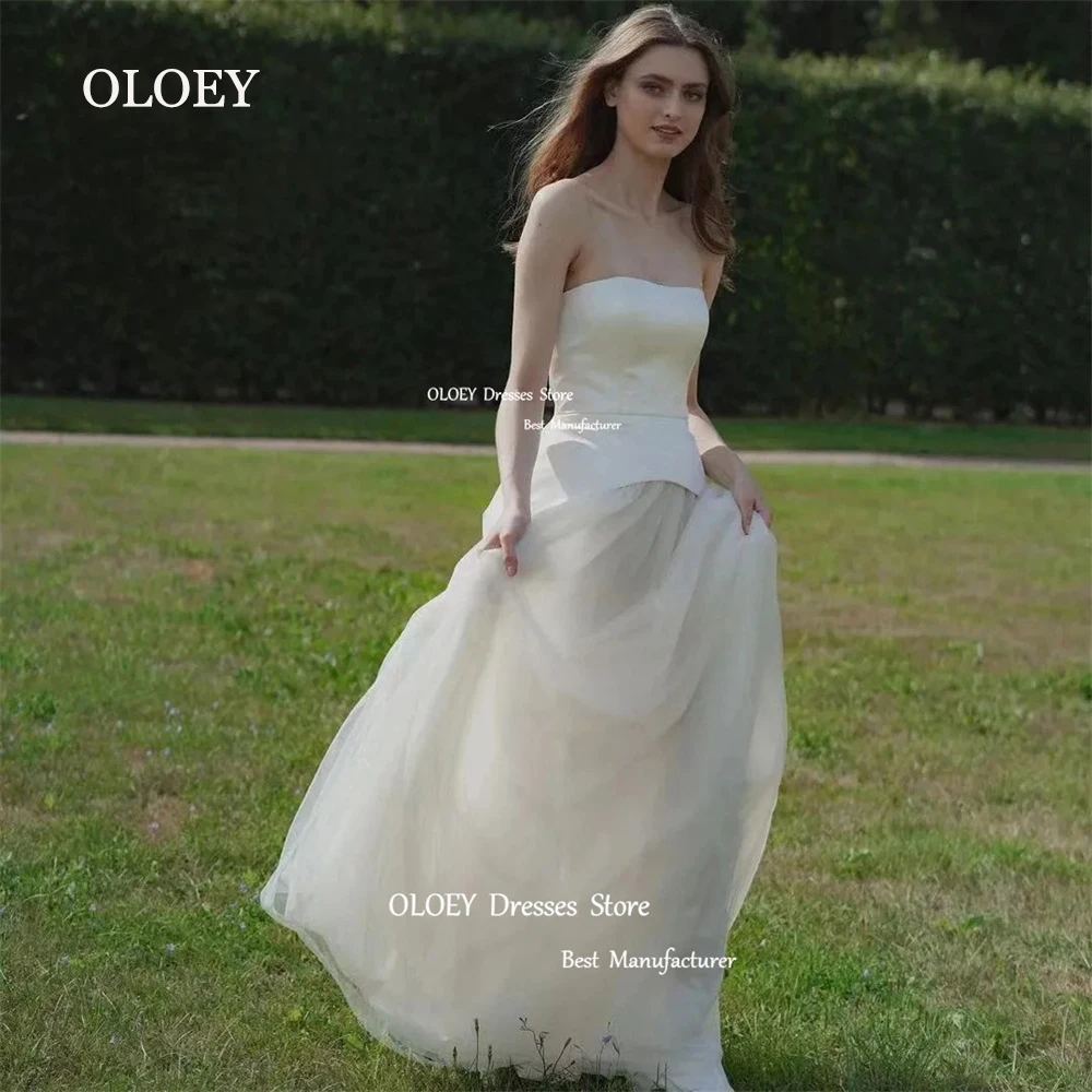 

OLOEY Simple Ivory Tulle Strapless Wedding Dress Sleeveless Floor Length Bridal Gown A Line Zipper Back Custom Made Satin