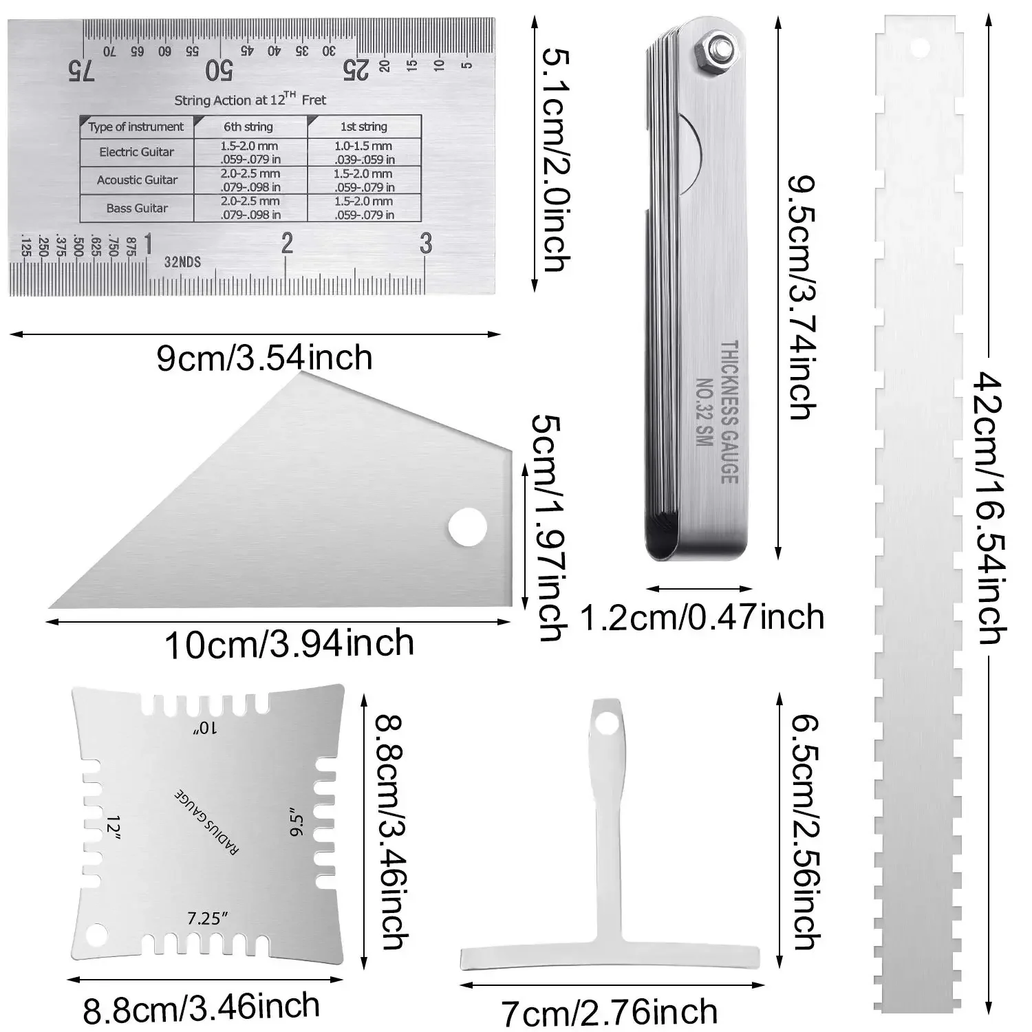 Guitar Luthier Measuring Tools Kit String Action Ruler Understring Radius Gauge Guitar Repair Scale Stainless Steel Set