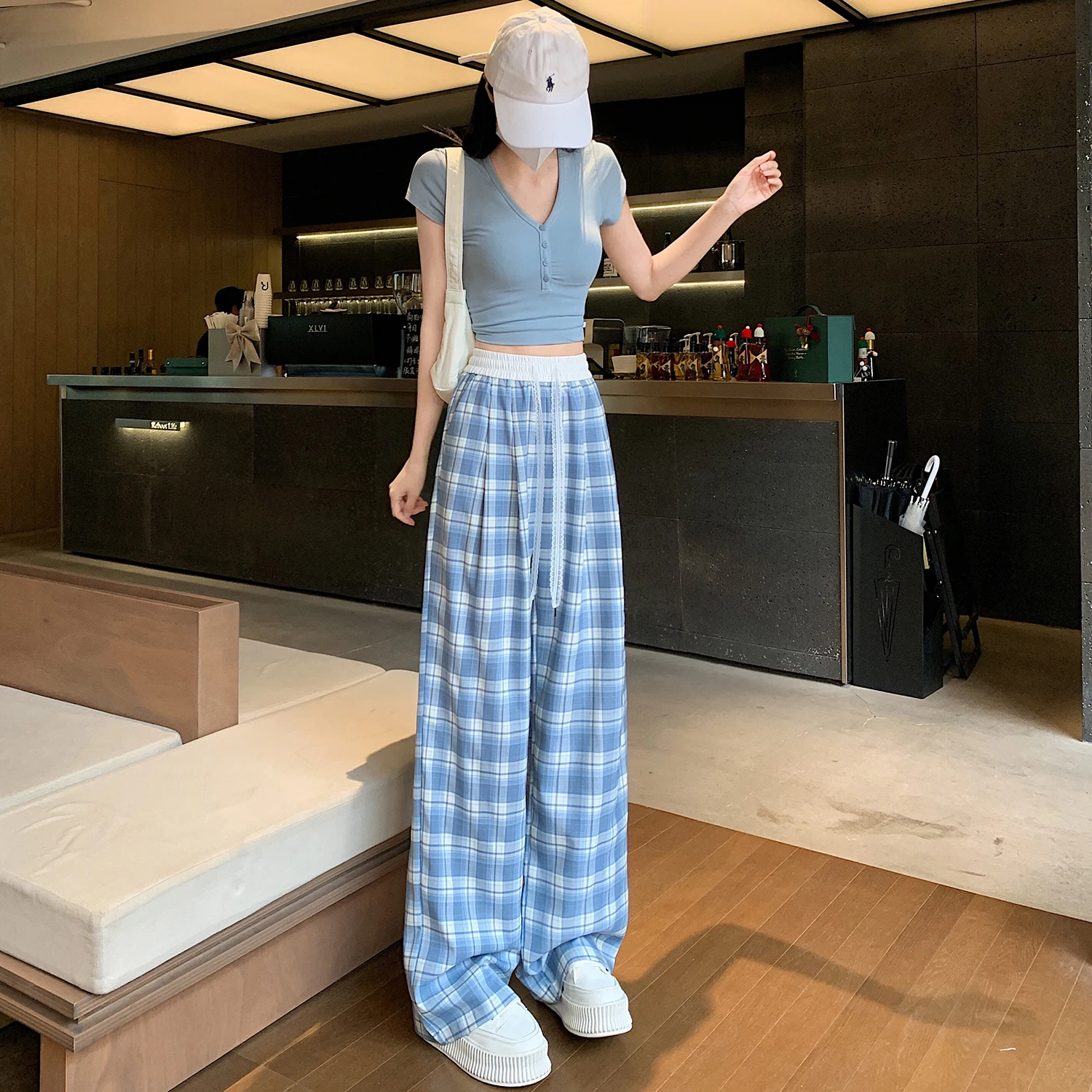 Woman Summer Plaid Pants Women Lace Drawstring Wide Leg Trousers Female Casual High Waist Checkered Pants P13