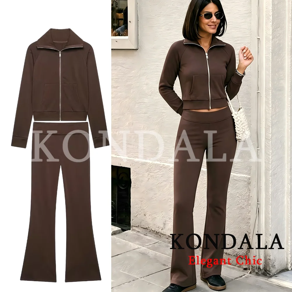 KONDALA Damen Trendiges High-Street Slim-Hosen-Set mit Revers, Reißverschlusstaschen, Jacke und Schlaghose, Neue Mode 2026 Frühherbst Mujer Set – Detail 4