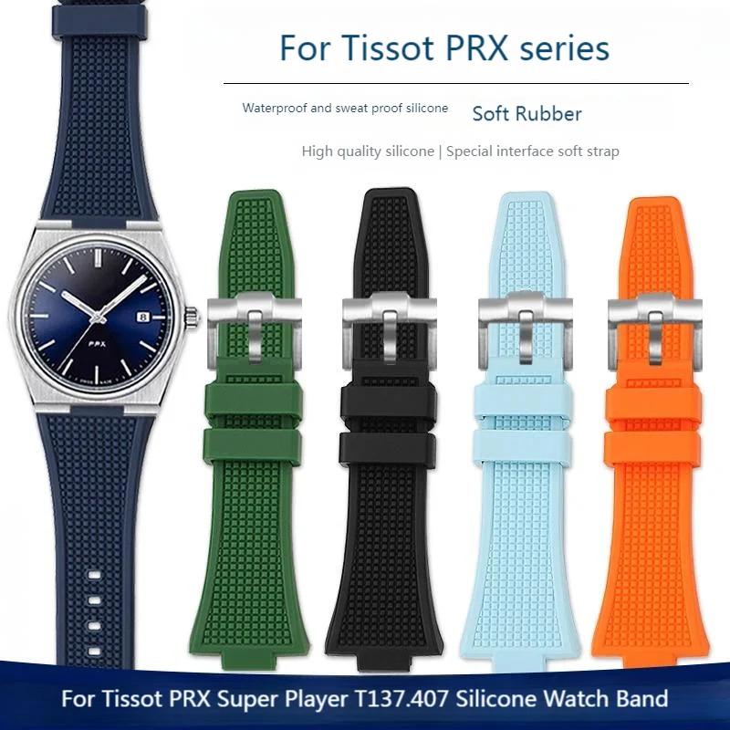 

For Tissot PRX Waterproof Watch Band Super Player T137.407 T137.410 Raised Silicone Rubber Watch Strap Bracelet 12mm Black Blue
