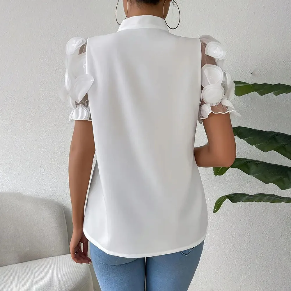 Chemisiers d'été à manches courtes pour femmes, hauts blancs à col rond avec nœud ample, chemises élégantes décontractées pour dames, 2025