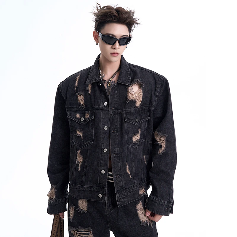 FEWQ Men\'s Shoulder Pad Denim Jacket Autumn Vintage Turn-down Collar Long Sleeve Single Breast 2024 Male Sets Fashion 24E2186
