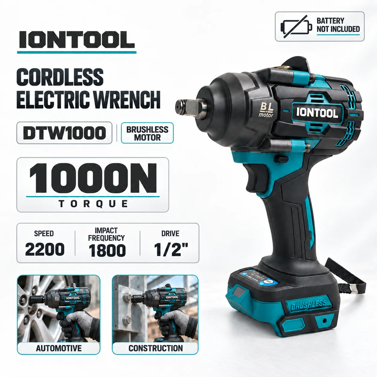 IONTOOL Cordless Impact Wrench 1000N 1/2 Inch Drive Tool for Construction Steel Structure Bolt Fastening and Bracket Assembly