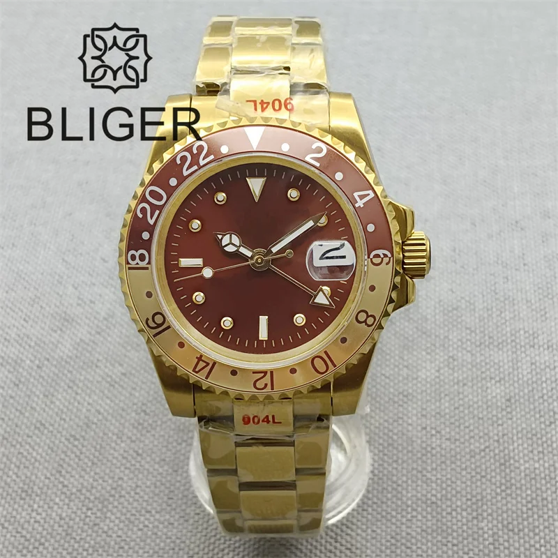 BLIGER Luxury Two-tone Rootbeer GMT Watch For Men NH34A Movement 40mm Yellow Gold Case Sapphire Glass Brown Dial Green Luminous