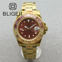 BLIGER Luxury Two-tone Rootbeer GMT Watch For Men NH34A Movement 40mm Yellow Gold Case Sapphire Glass Brown Dial Green Luminous