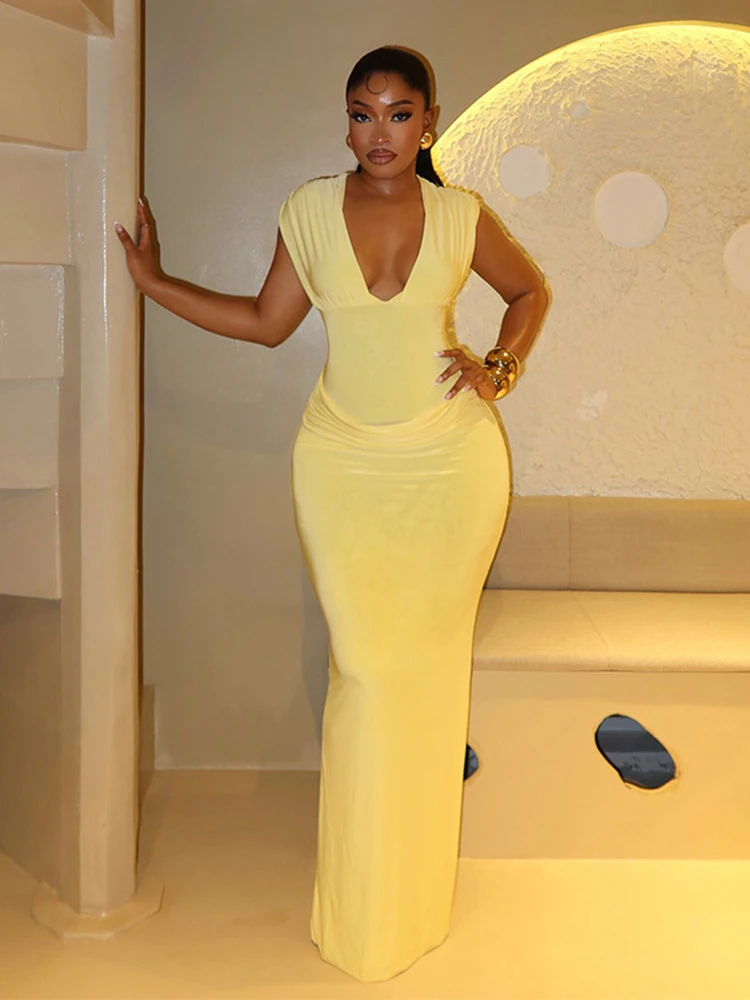 Sexy Ruched Bodycon Maxi Dress Women Solid Sleeveless V-Neck Slim Long Dresses Female Party Evening Clubwaer Evening 2026