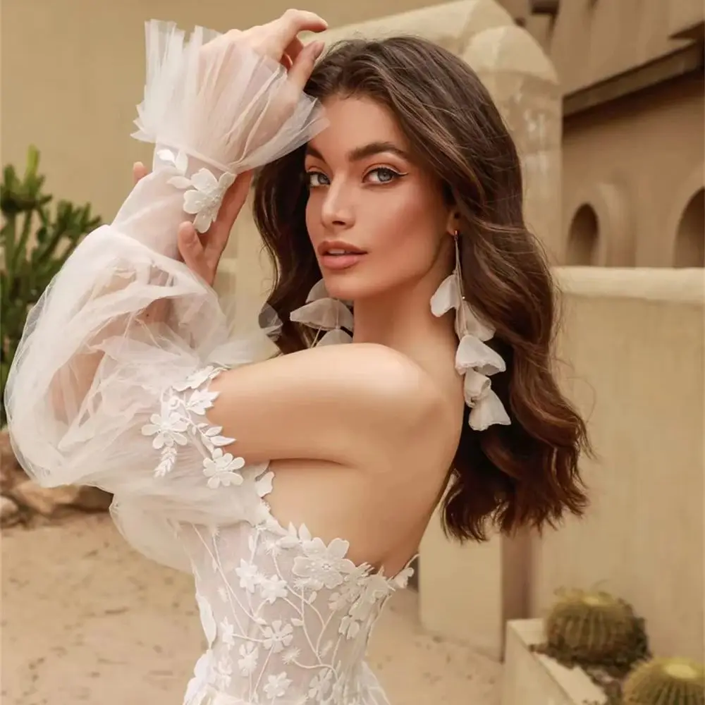 فساتين زفاف الأميرة على شكل حرف a للنساء مزينة بالدانتيل وأكمام واسعة فستان زفاف سويب تراين فيستدو دي نويفا حسب الطلب