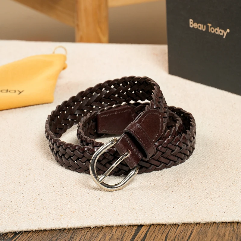 BEAUTODAY Woven Belts Women Ladies Genuine Cow Leather Metal Buckle Weave Design Fashion Accessories Handmade 91057