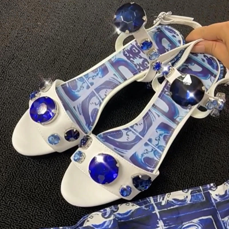 

Blue and white Porcelain Printed Leather Chunky Heels Sandals Open Toe Ankle Strap Gem Rhinestone Summer Celebrating Shoes