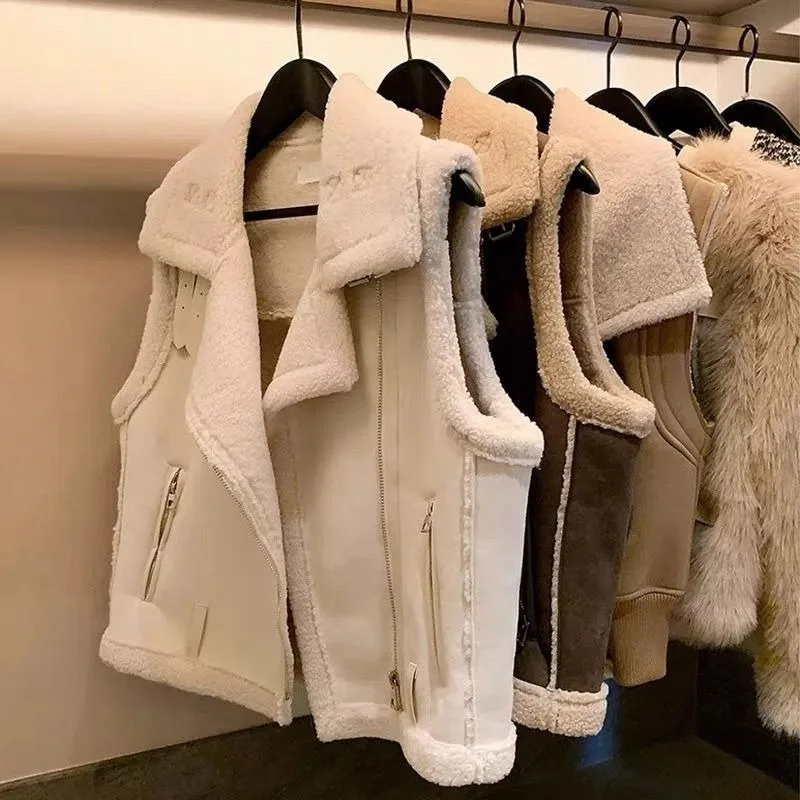 

Stylish Vest Outerwear Women Features Thick Faux Fleece Jacket Made Lambskin Copy Fur Creating Trendy One-piece Outerwear Vest