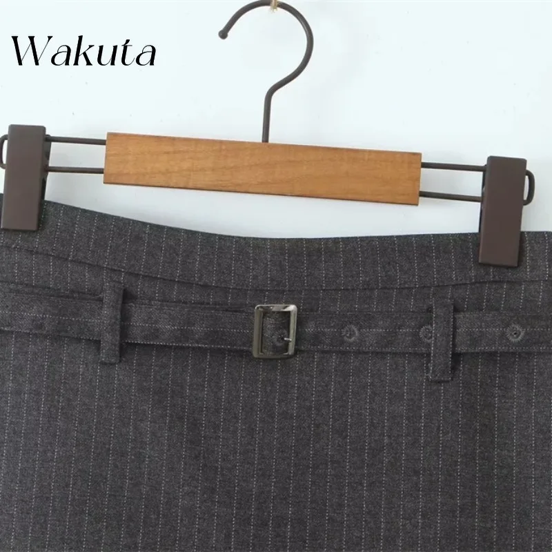 WAKUTA American Retro High Waisted Waist Belt Half Skirt with Fake Two Vertical Stripes Slim Fit Anti Glare A-line Skirt Pants